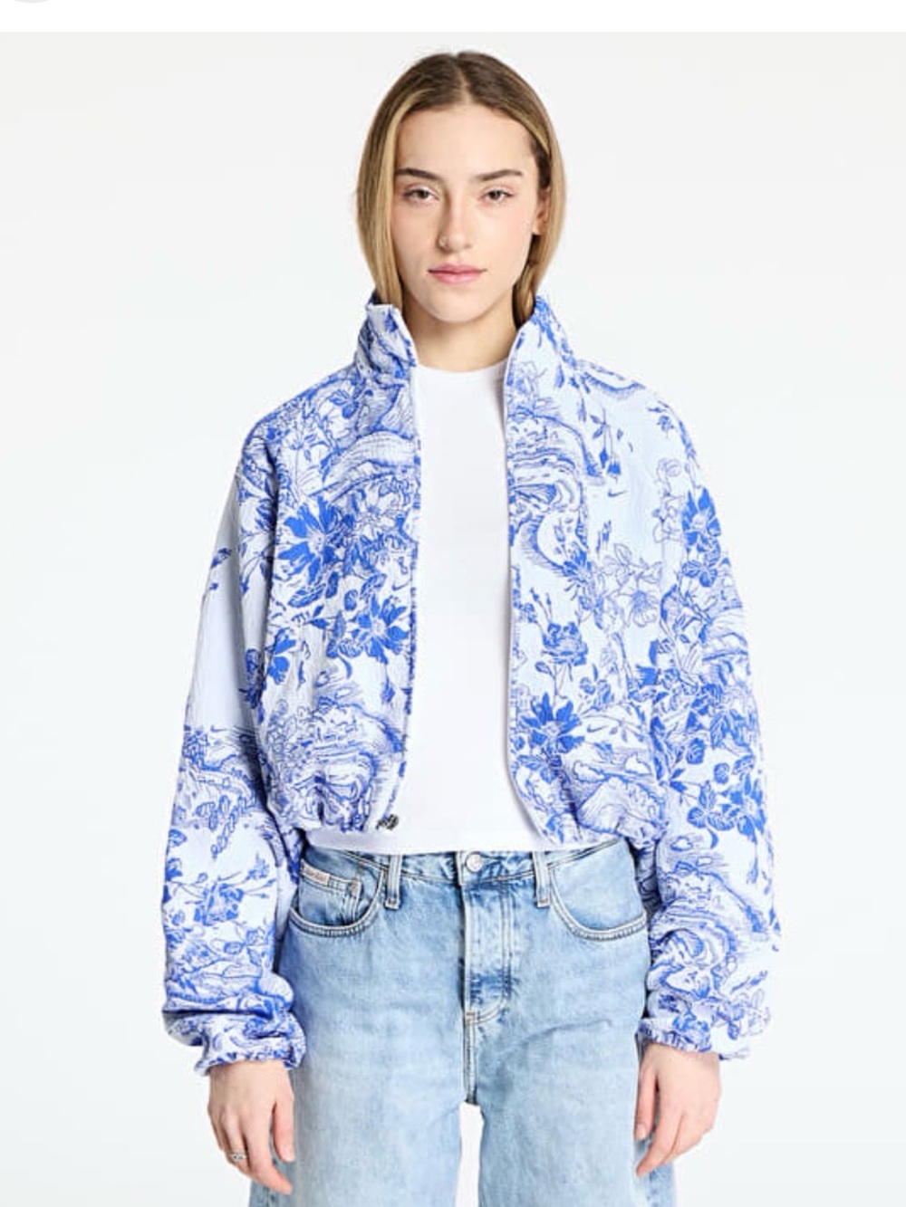 Like New Nike White & Blue Floral Zip-Front Bomber Jacket